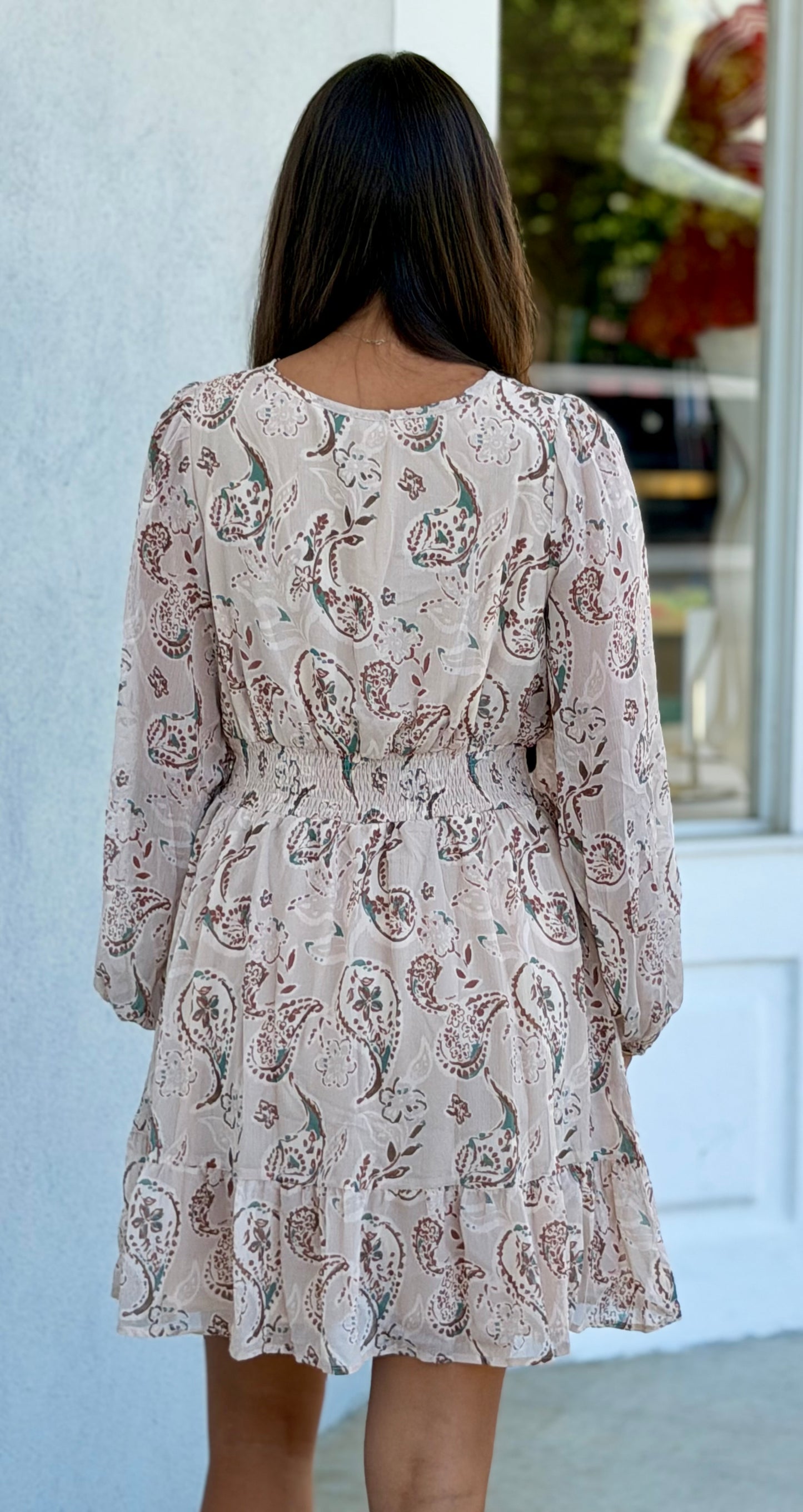 Taupe Chiffon Print Smocked Waist Dress