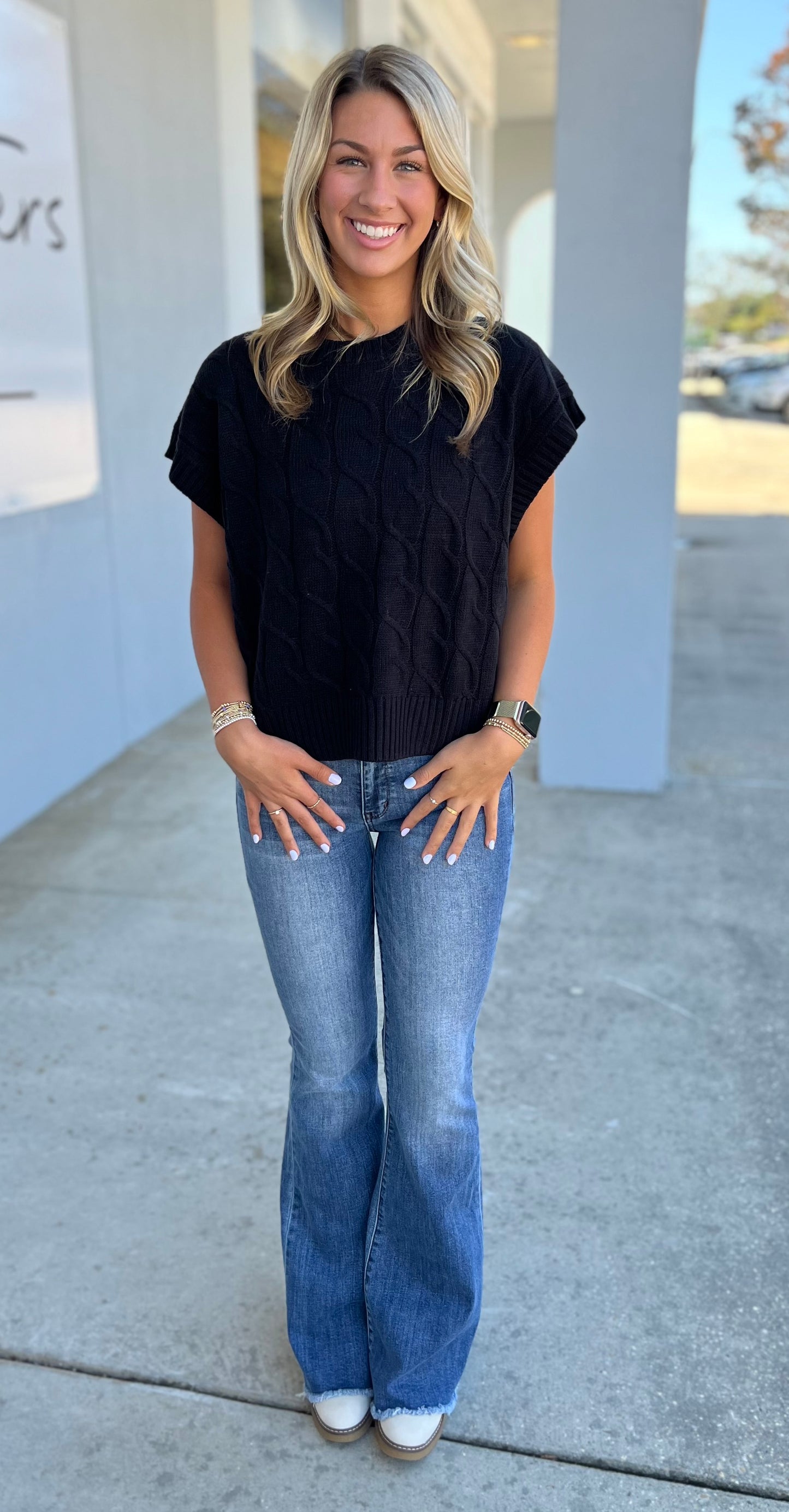 Sleeveless Oversized Cable Knit Sweater Vest, Black