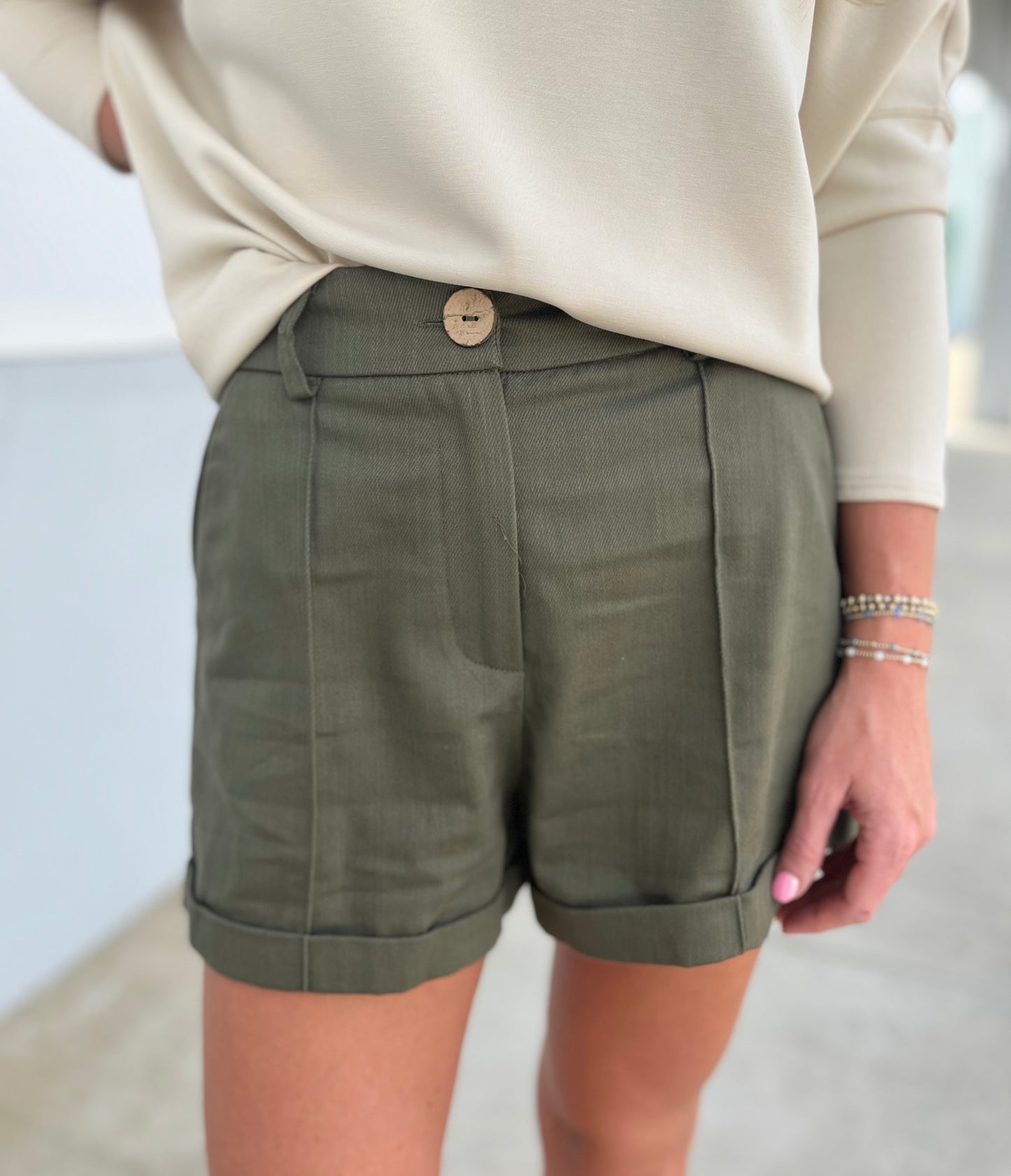 Olive High Waist Pleated Rolled Cuff Shorts