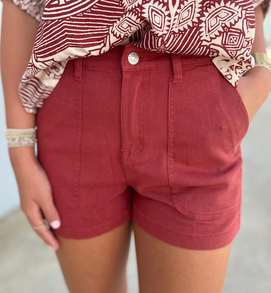 Rust High Waisted Denim Shorts