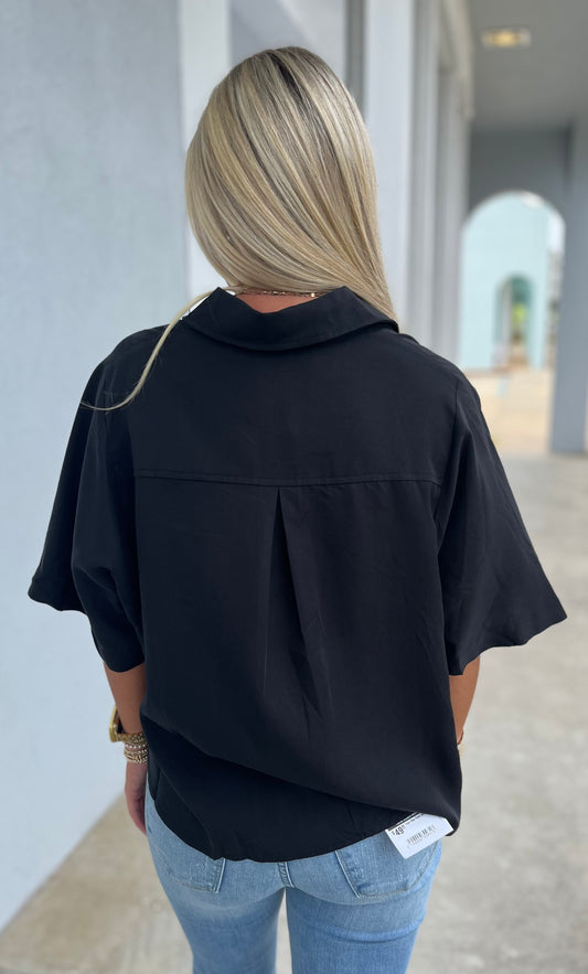 Black Button Down Pocket Chest Top