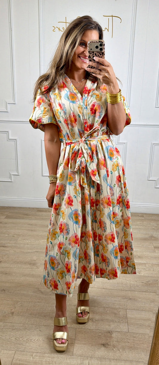 Cream Button Down Floral Midi Dress