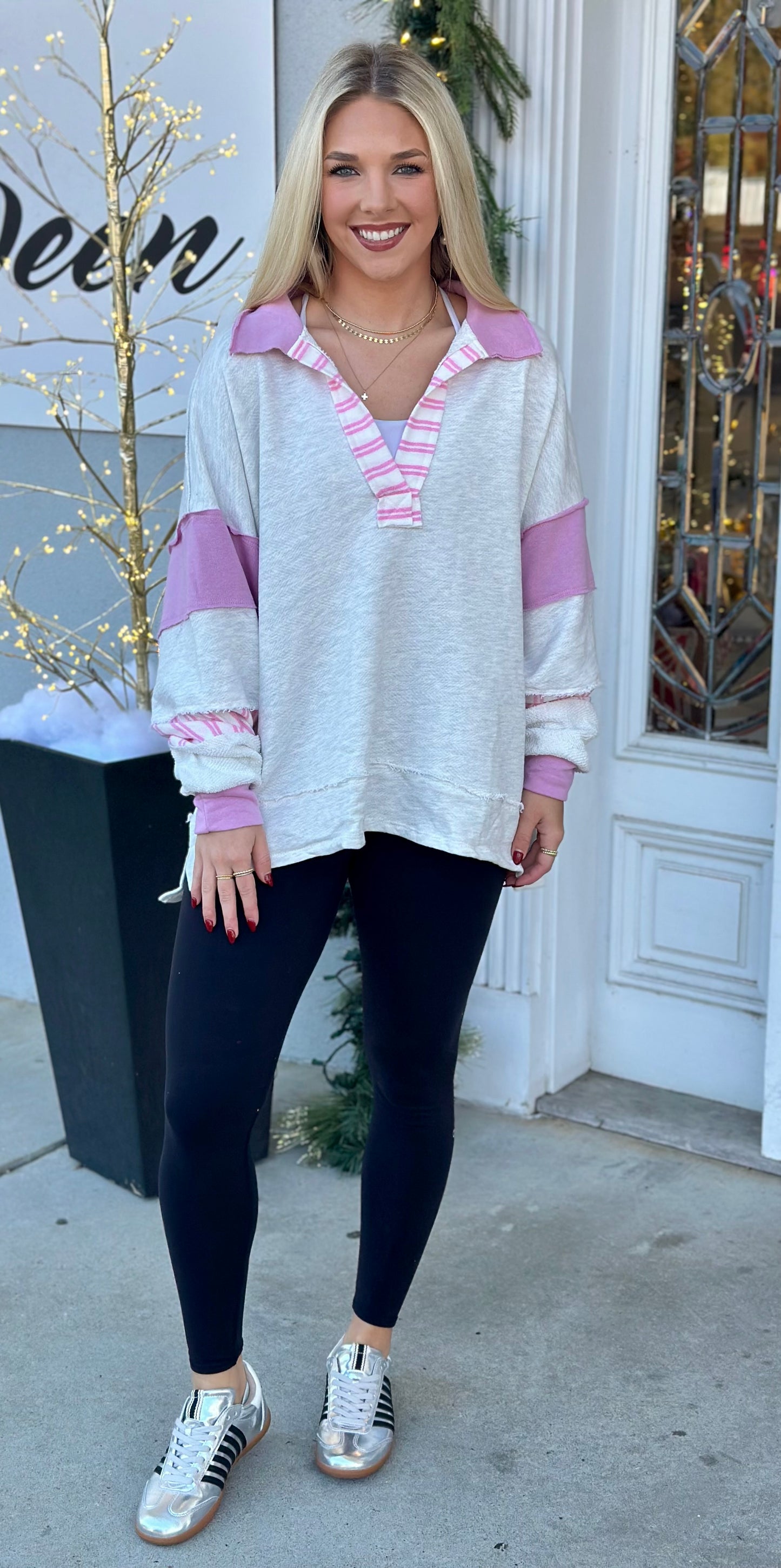 Ash Grey/Pink French Terry Color Block Top