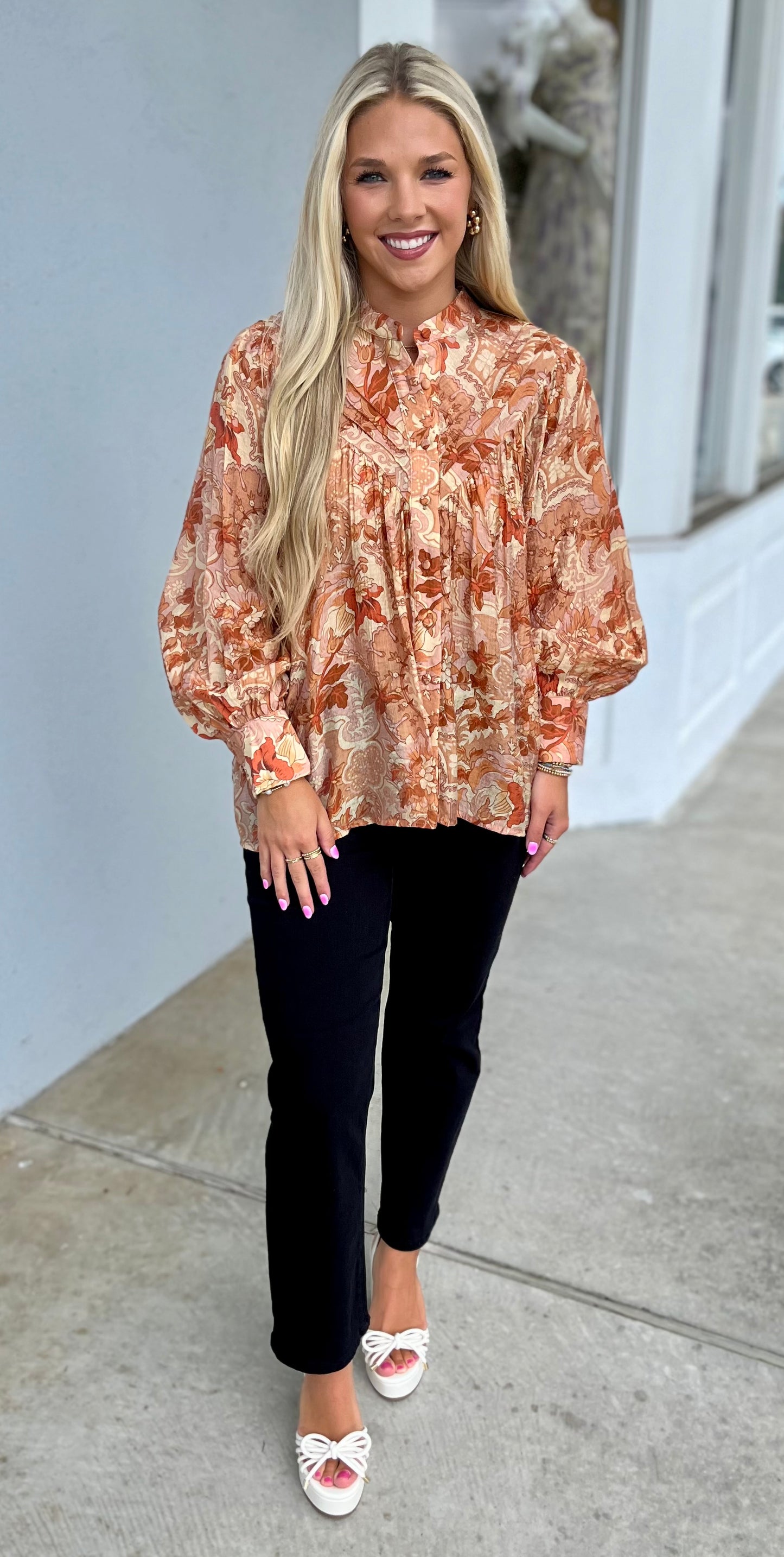 Golden Peach Printed Button Down Shirt