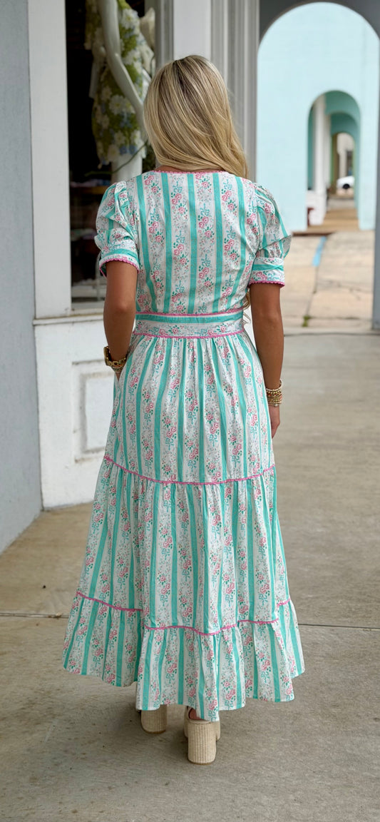 Cream Floral Striped Cinched Waist Midi Dress