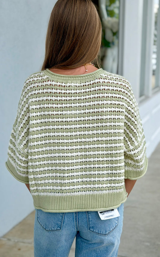 Light Olive Stripe Crochet Knit Cardigan