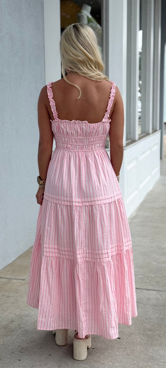 Pink Ruffle Strap Tiered Stripe Maxi Dress