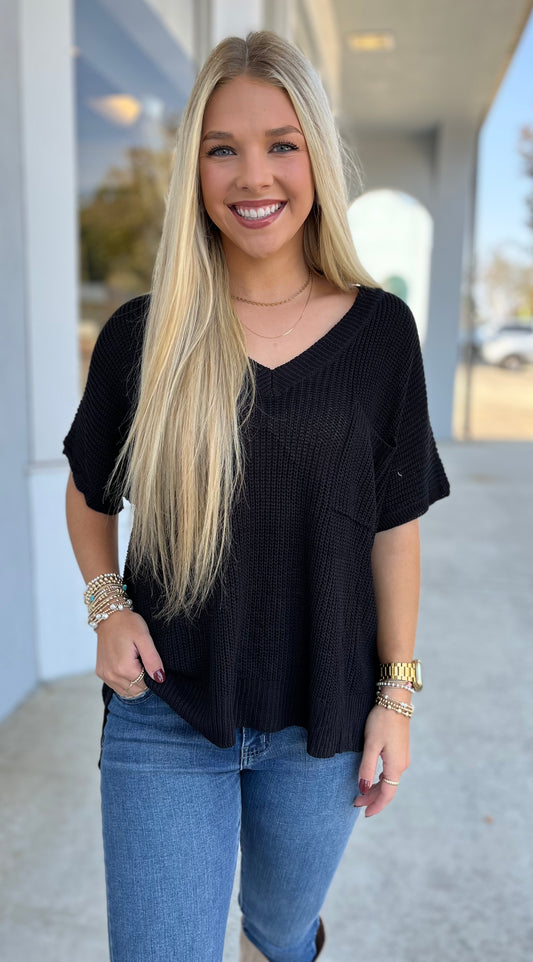 Black V Neck Top with Pocket