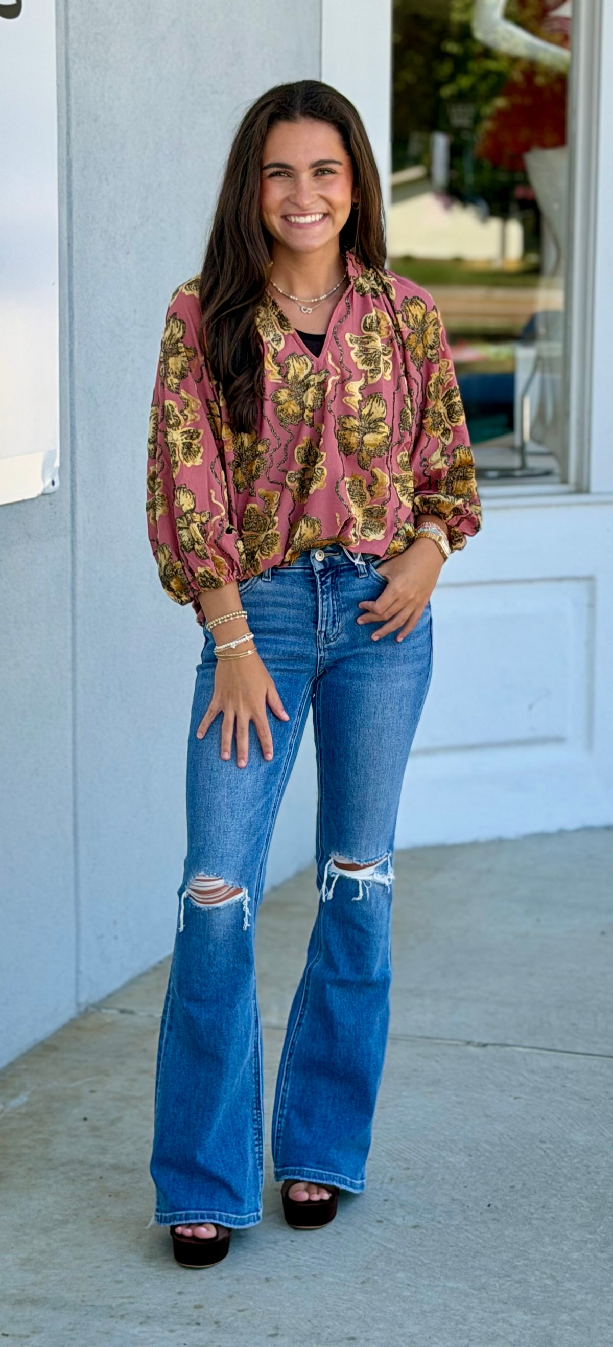 Rose Metallic Velvet Floral Textured Split Neck Blouse