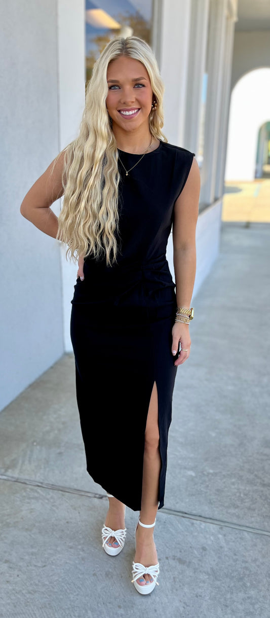 Round Neck Waist Pleated Slit Midi Dress, Black