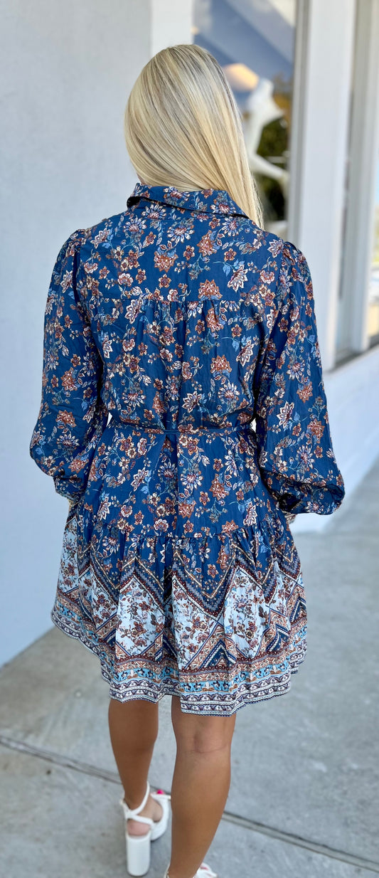 Teal Blue Border Print Button Down Dress