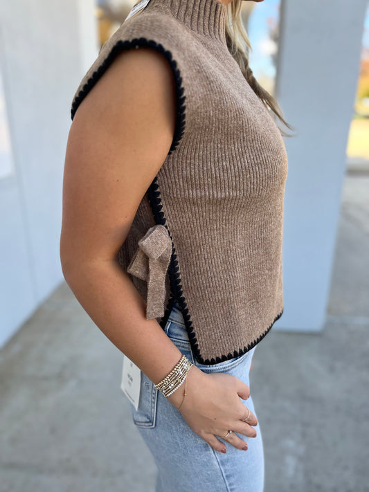 Mock Neck Stitch Side Sweater, Mocha