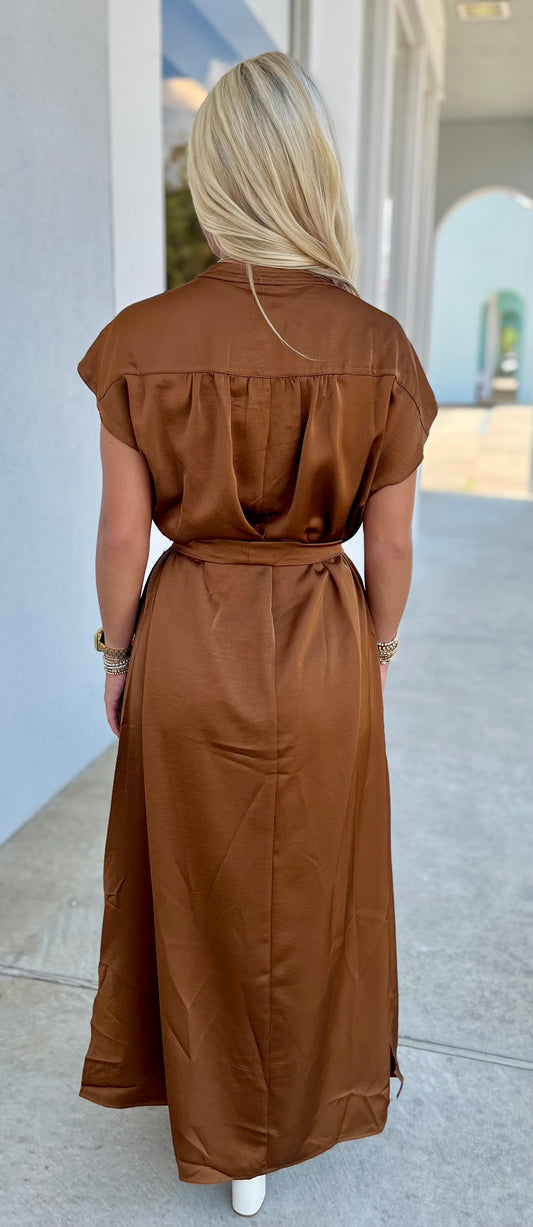 V Neck Midi Dress, Brown