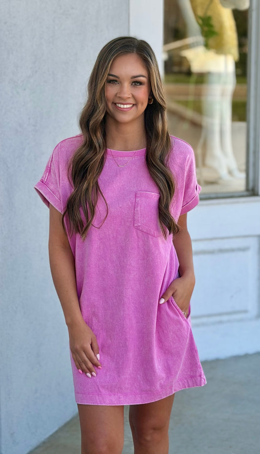 Cotton Washed T Shirt Dress, Candy Pink