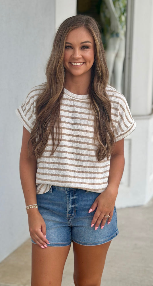 Textured Stripe Knit T Shirt, Khaki