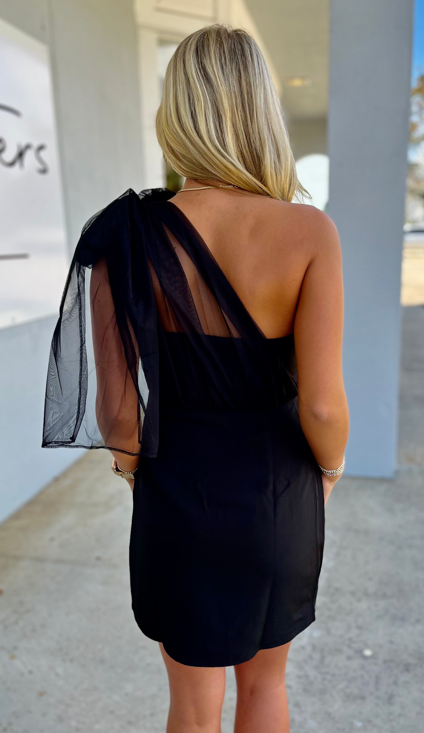 One Shoulder Chiffon Bow Dress , Black