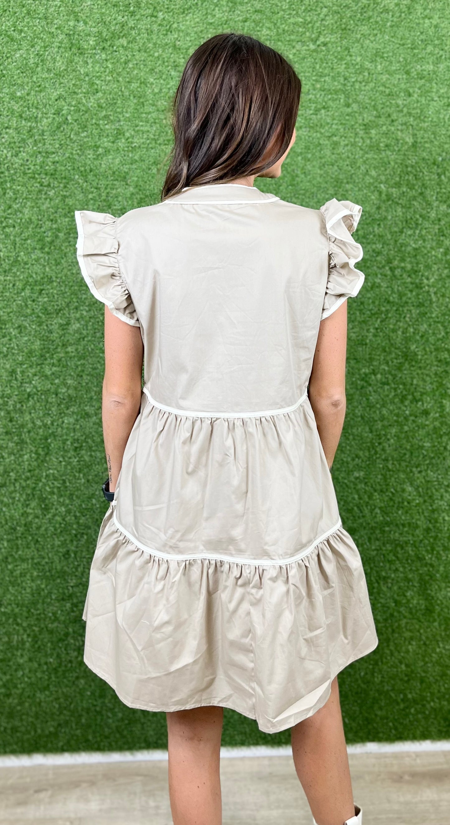 Taupe Ruffle Sleeve Dress With Pockets
