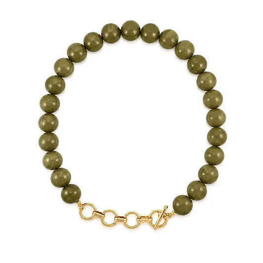 Green Beaded Necklace With Gold Toggle