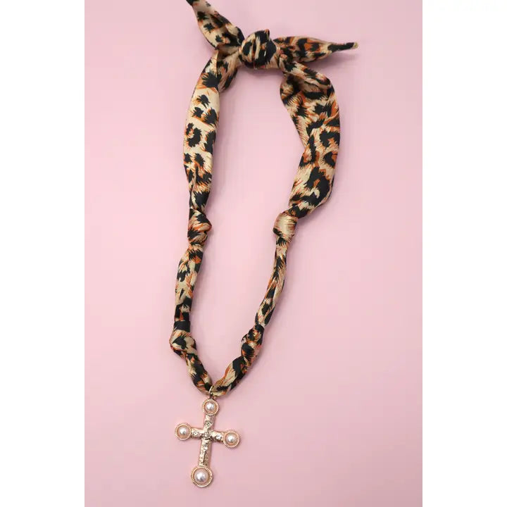 Handmade Scarf Charm Necklace, Leopard Cross