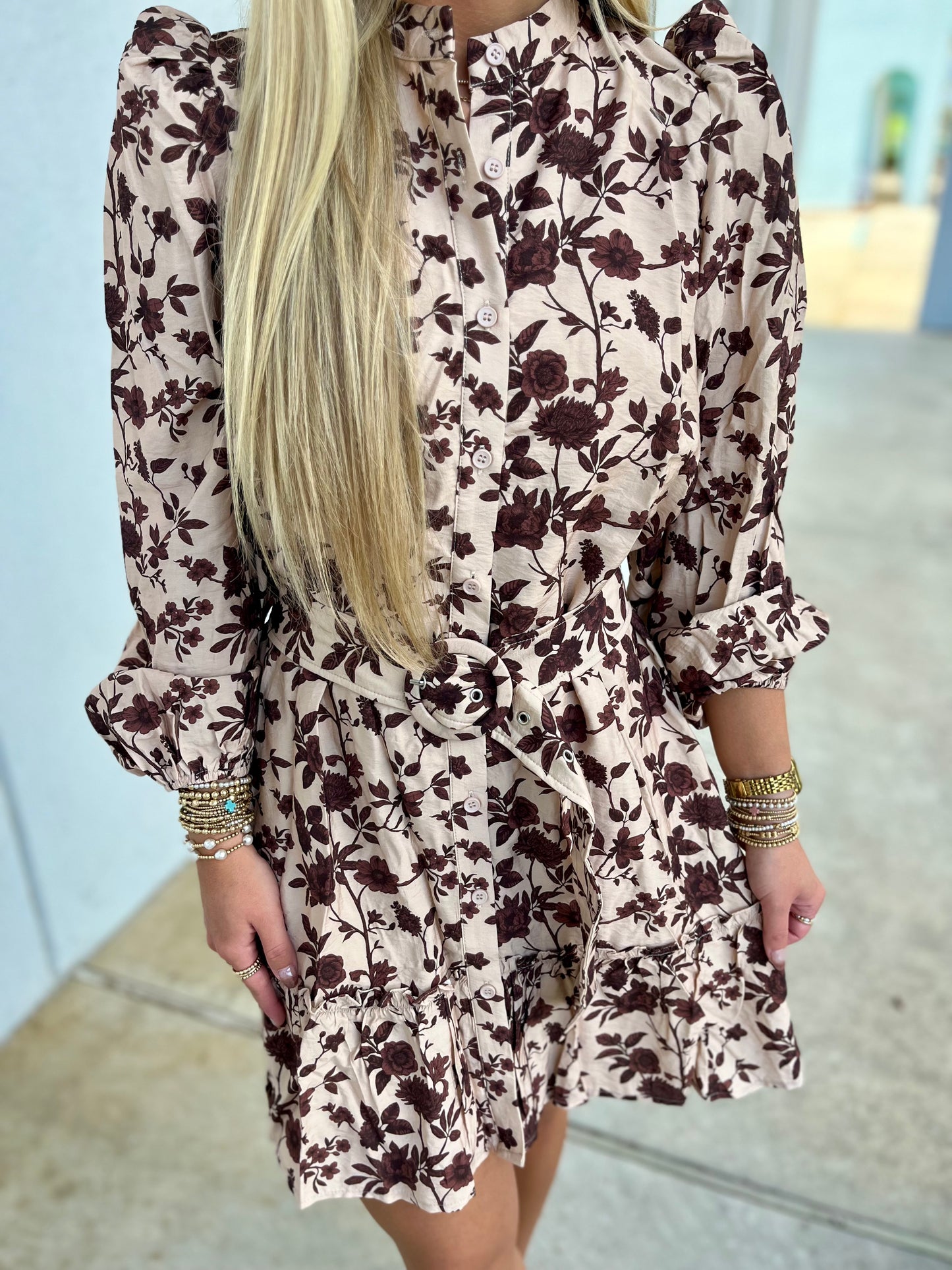 Floral Print High Neck Removable Buckle Dress