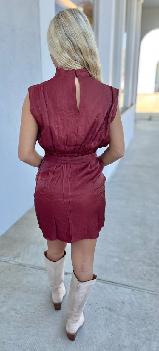 Rust Mock Neck Sleeveless Mini Dress