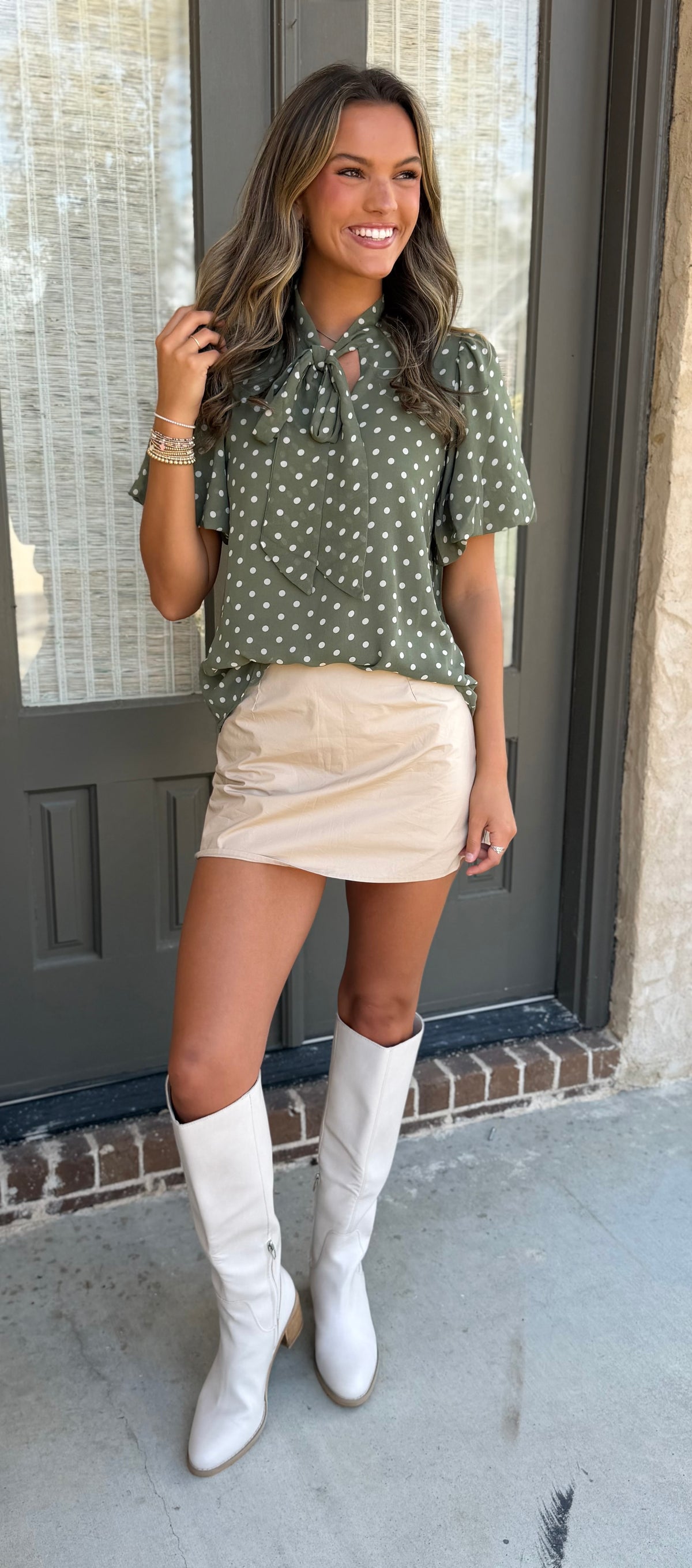 Polka Dot Print With Bow Top, Olive
