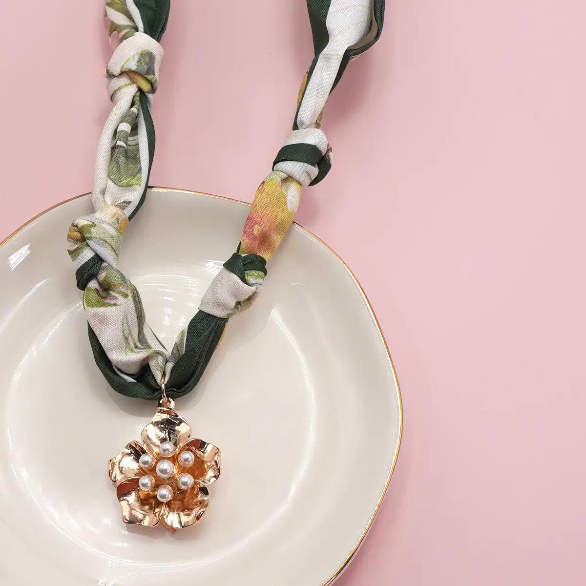 Bow Scarf Necklace With Charm , Flower