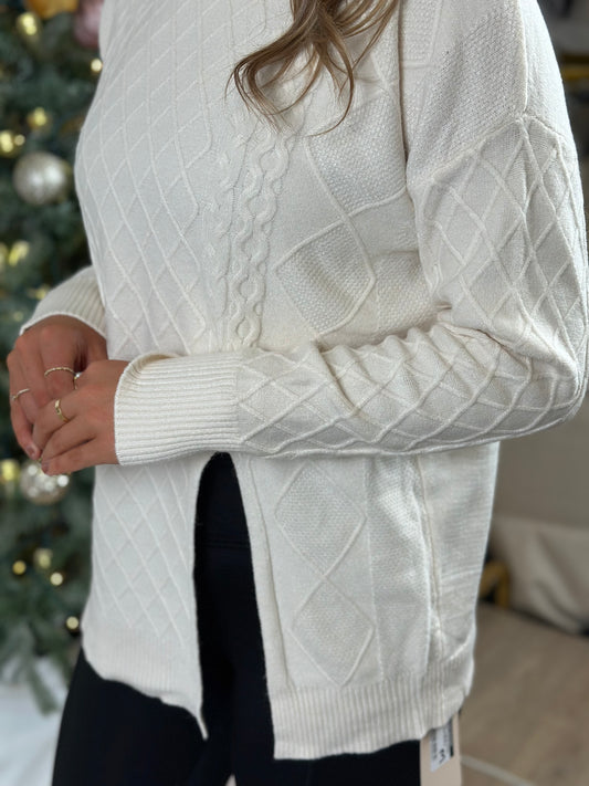 Cable Knit Split Hem Turtle Neck Sweater, Cream
