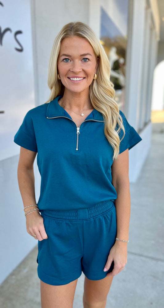 Scuba High Neck Half Zip Top & Shorts SET, Teal