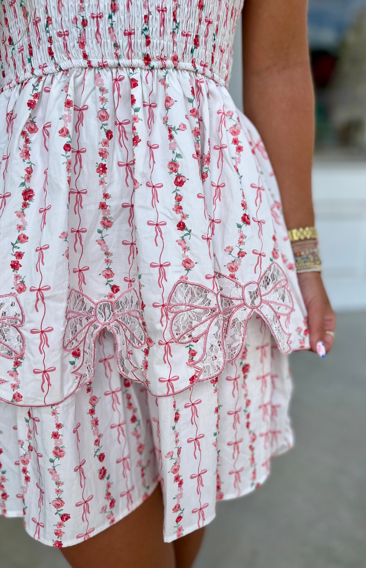 Off White Coral Tie Strap Smocked Dress