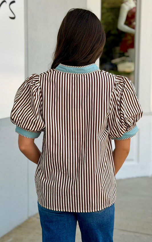 Brown Stripe Puff Sleeve V Neck Top
