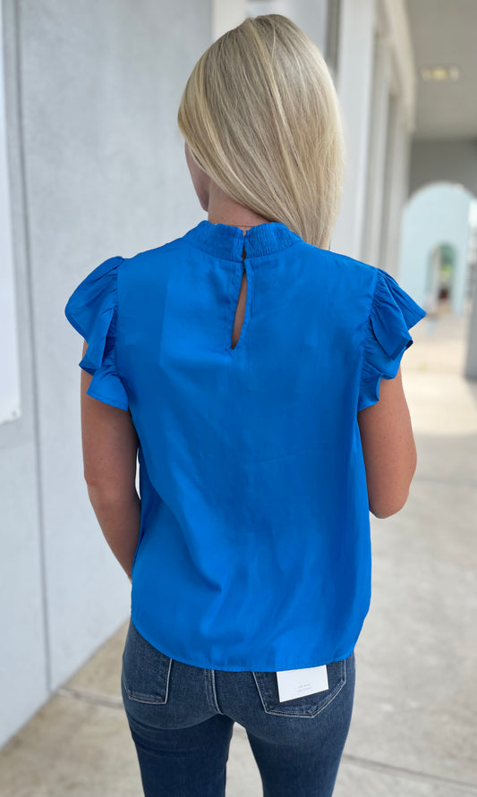 Cobalt Blouse With Smocked Neck
