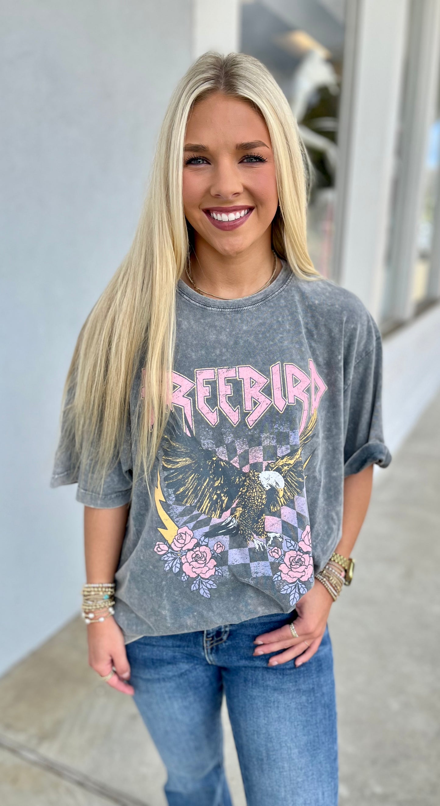 Denim Free Bird Roses Graphic Tee
