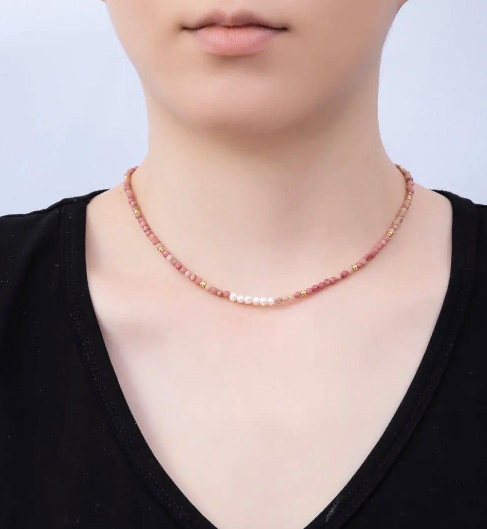 Handmade 3mm Shell Pearl Rose Quartz 15,5in Necklace