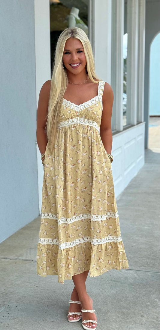 Sunwashed Lemon Lace Floral Maxi Dress