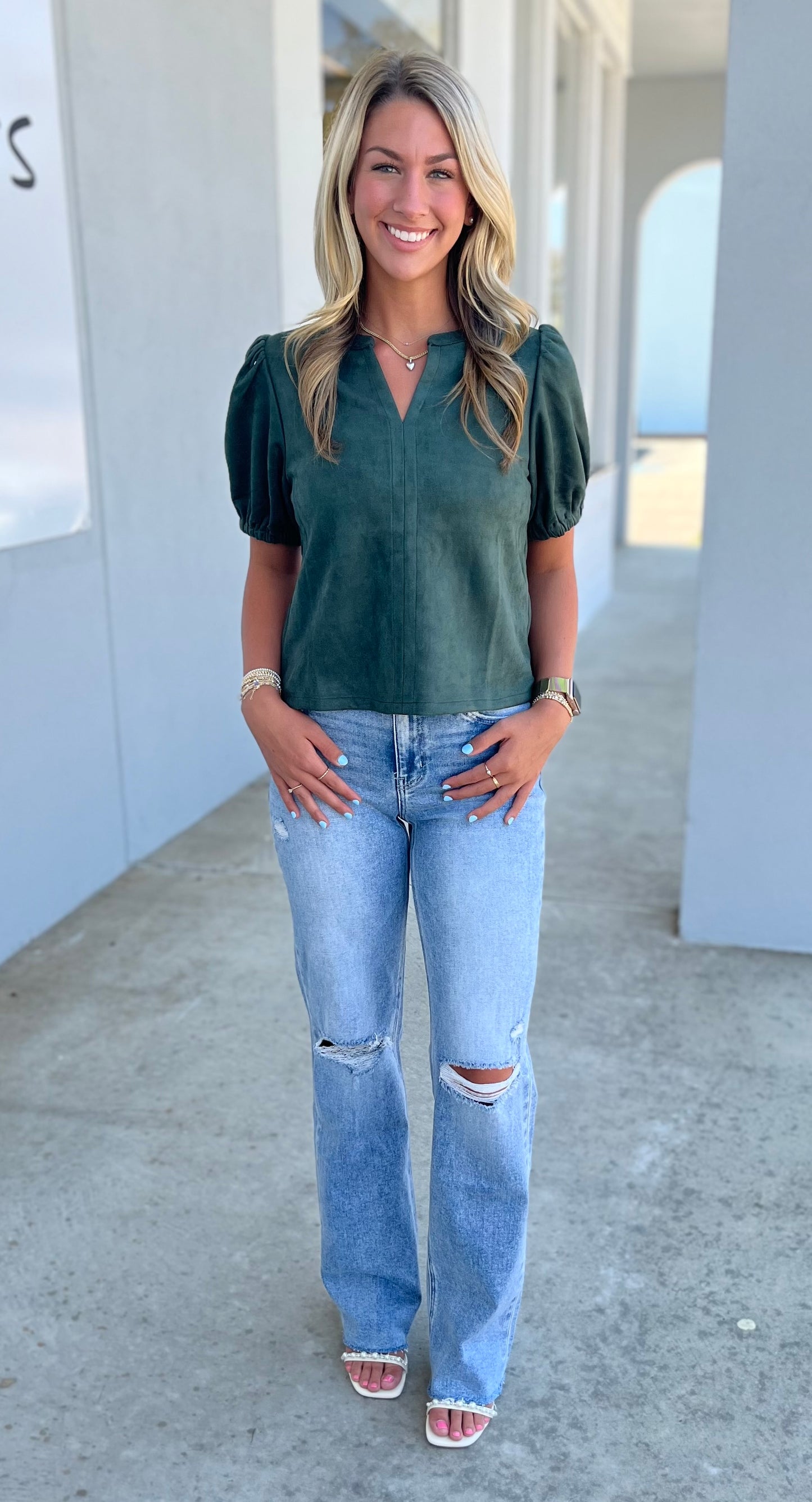 Forest Green Suede Puff Sleeve Top