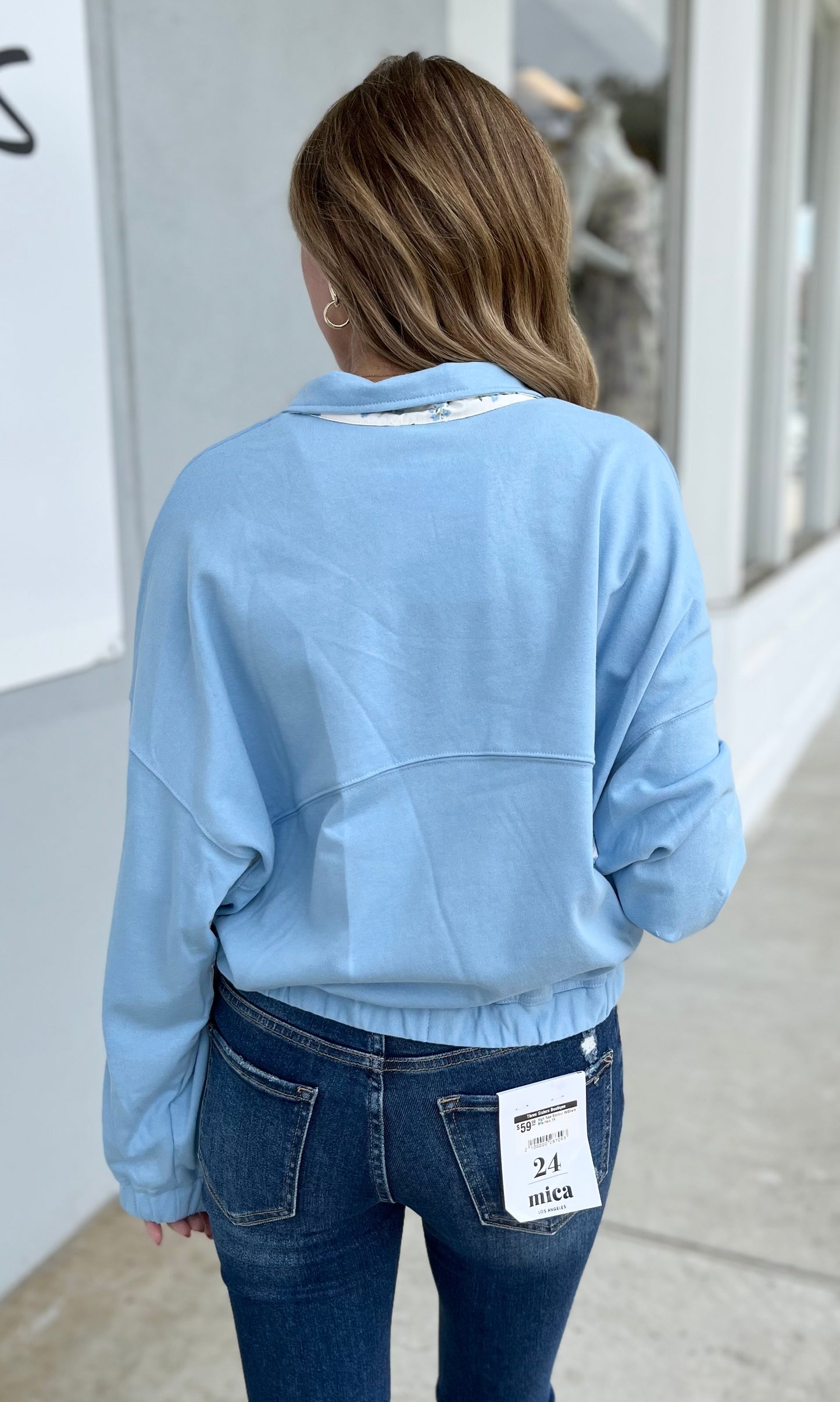 Ditsy Floral Semi Button Pullover, Dusty Blue