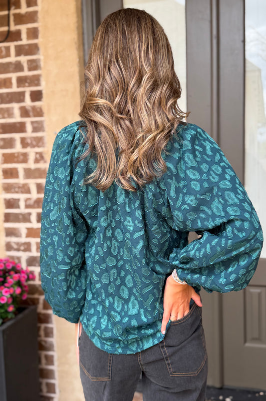 Teal Tie Neck Textured Blouse