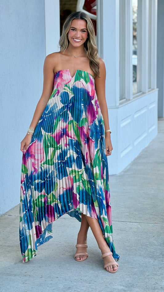 Floral Strapless Pleated Maxi Colum Dress