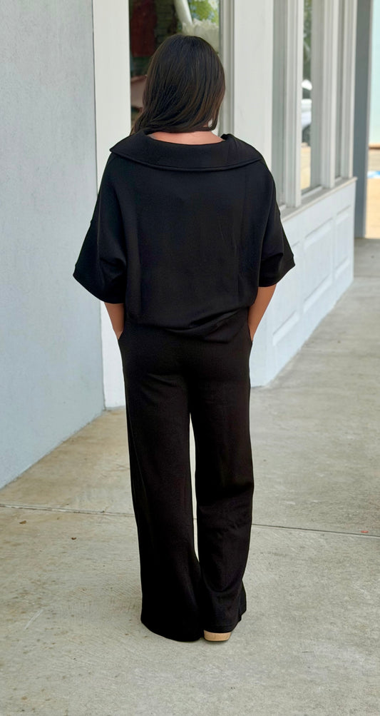 Scuba Collared Short Sleeve Top & Pants SET, Black