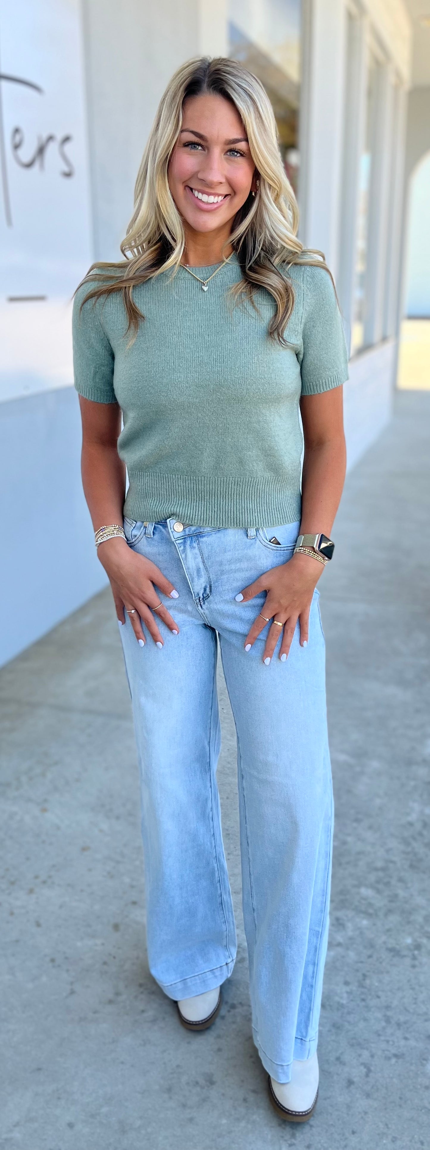 Short Sleeve Sweater Top, Sage Green