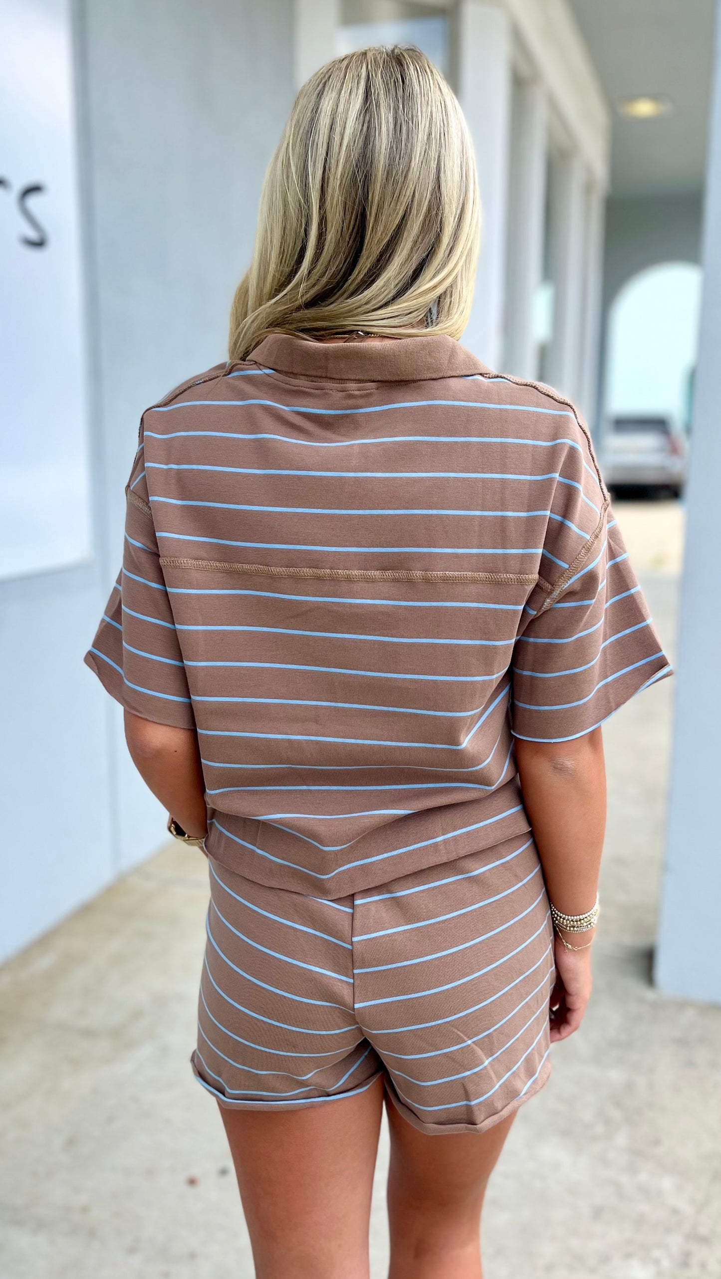Mocha/Blue Striped Knit Top and Short SET