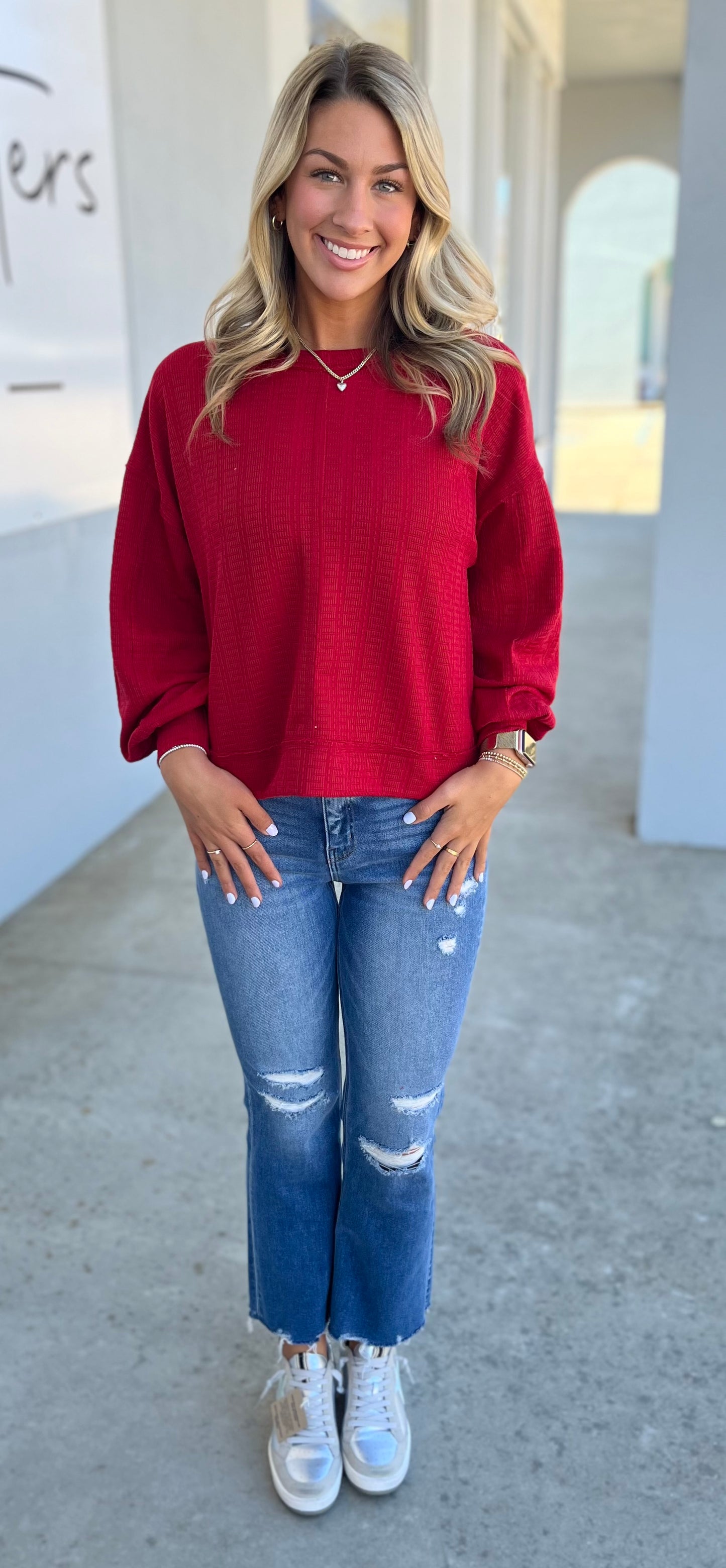 Raw Edge Textured Knit Top , Red
