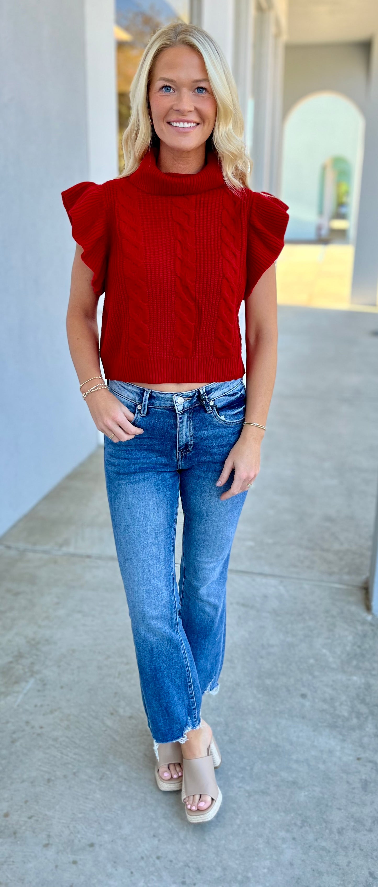 Red Cable Knit Turtleneck Ruffle Sweater