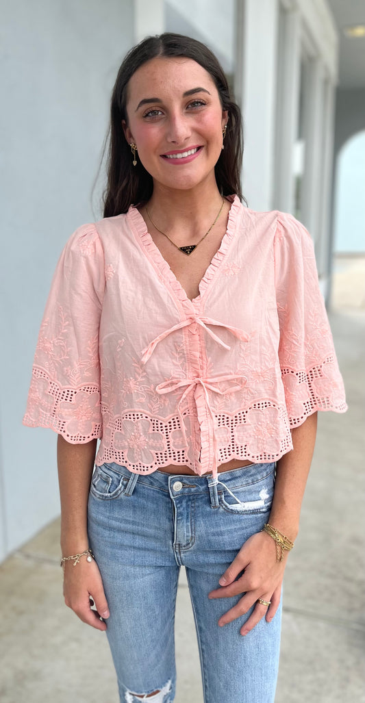 Blush Floral Embroidery Tie Front Blouse