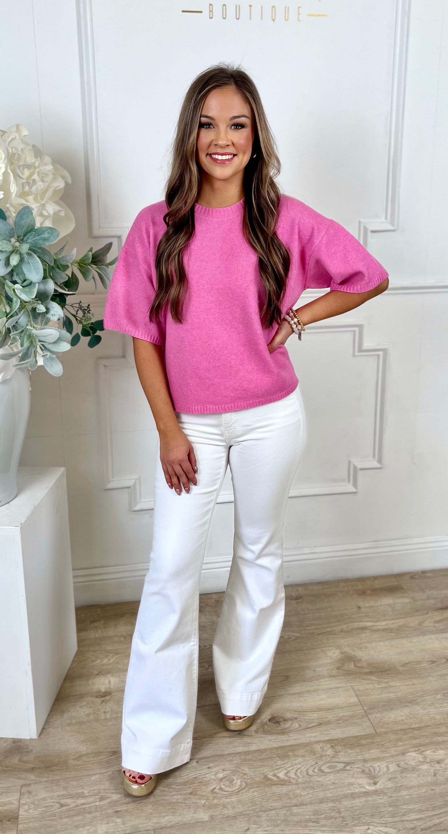 Short Sleeve Crew Neck Boxy SweaterTop, Pink