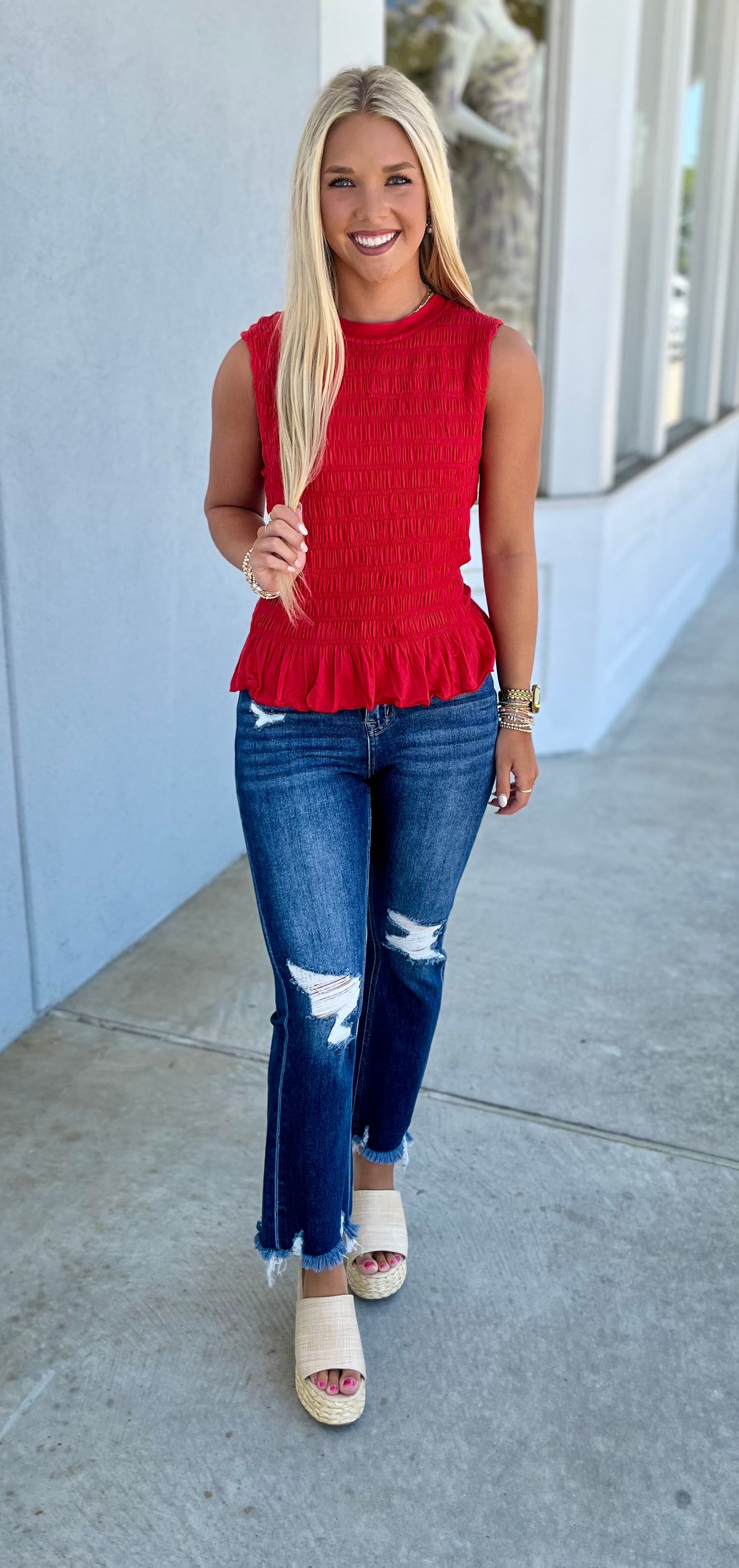Red Smocking Detail Ruffle Hem Tank Top