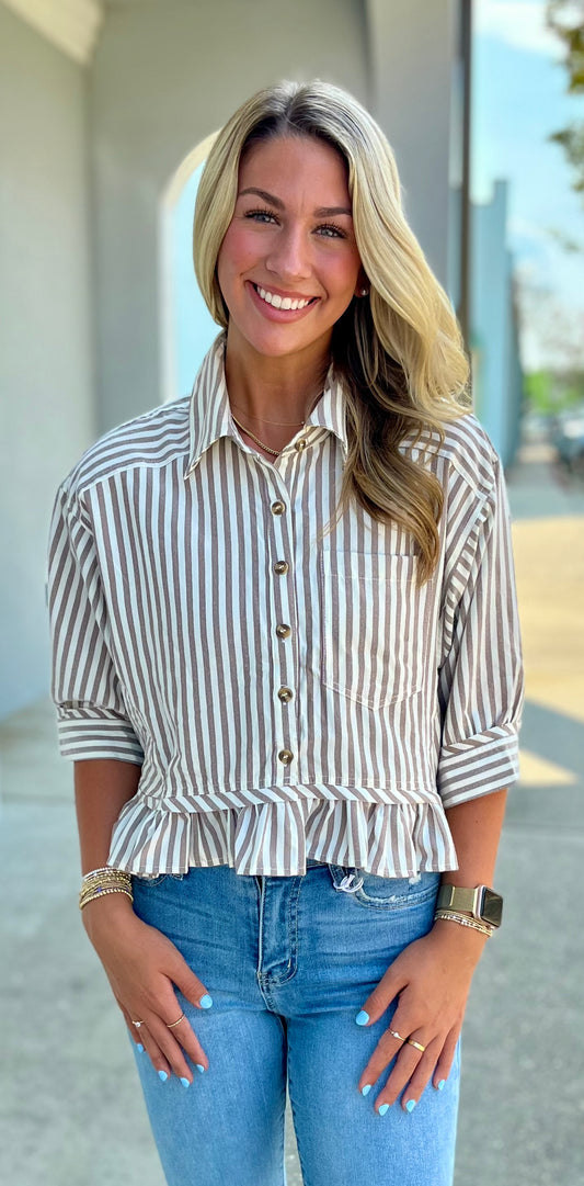 Coco Striped Ruffle Hem Button Up Blouse