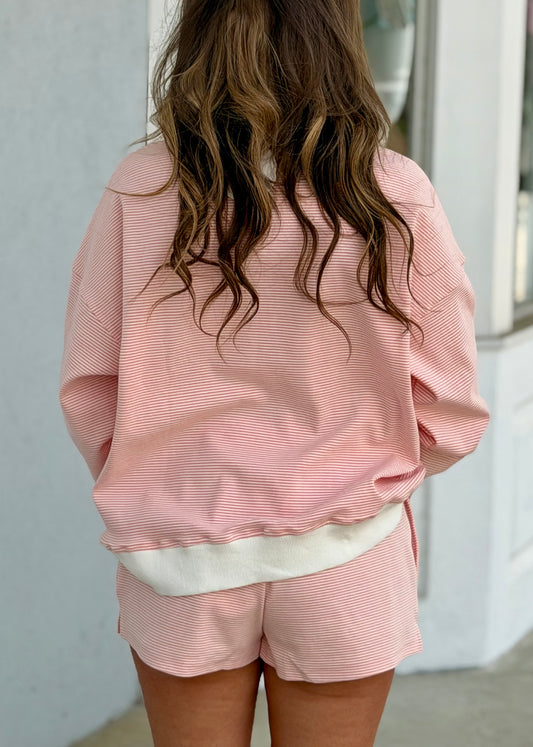 Mock Neck Stripe Sweatshirt-Peach Cream Stripe