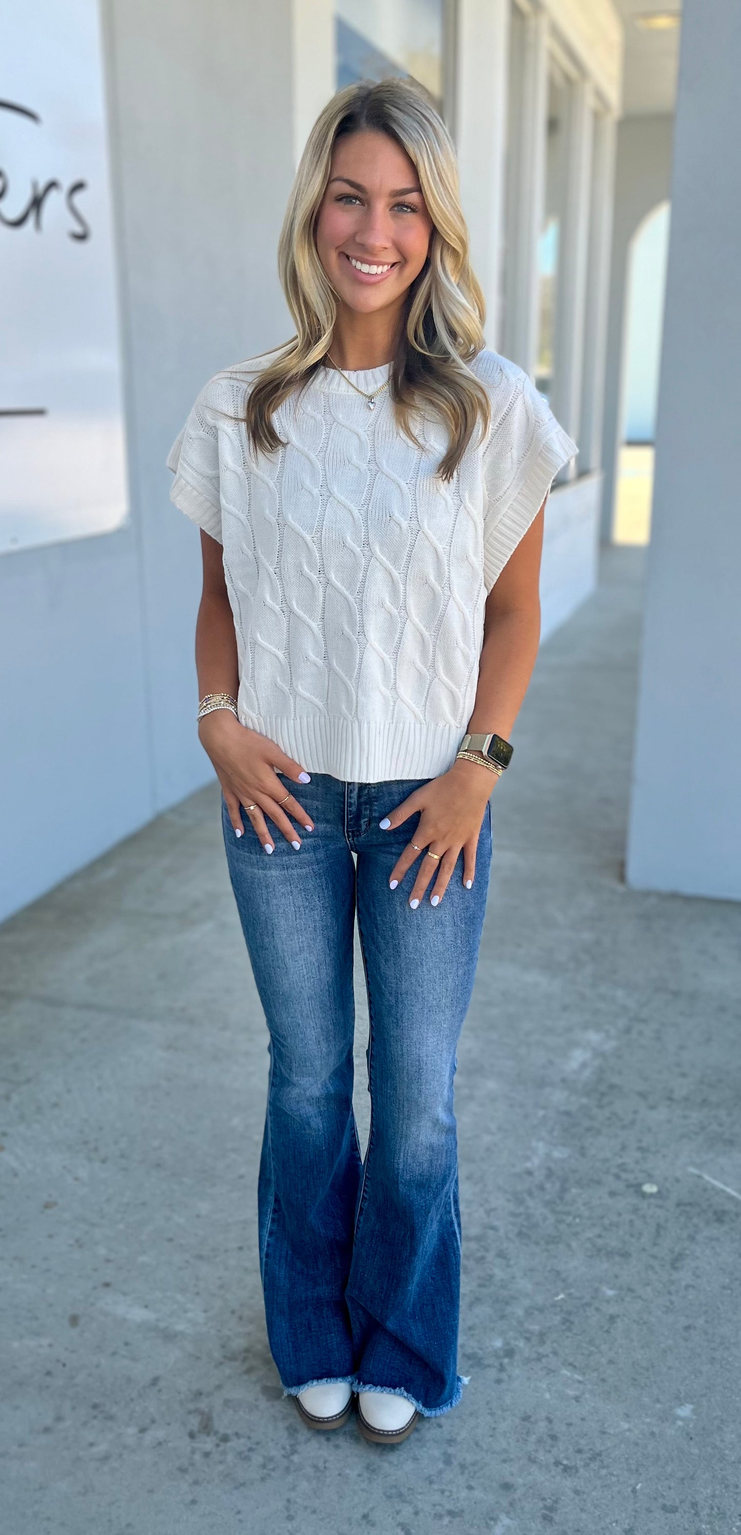 Sleeveless Oversized Cable Knit Sweater Vest, Cream